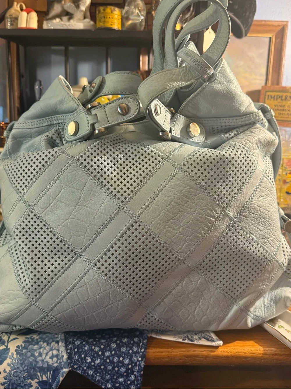 b. makowsky Light Sage Perforated Diamond-Panel Shoulder Bag